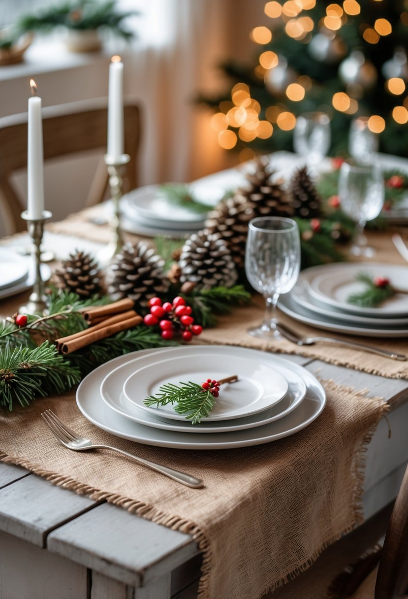 A dining table set for Christmas with burlap placemats, white plates, silverware, glassware, and natural holiday decorations like pinecones and evergreen sprigs.