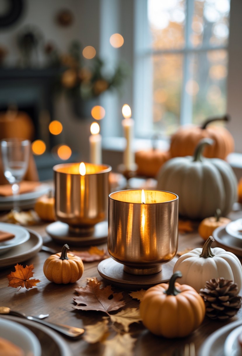 A fall table set with warm metallic candle holders, small pumpkins, dried leaves, and rustic decor for a cozy gathering.