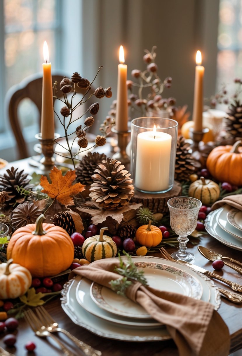 A Thanksgiving table decorated with natural woodland elements, candles, vintage plates, and seasonal fruits.