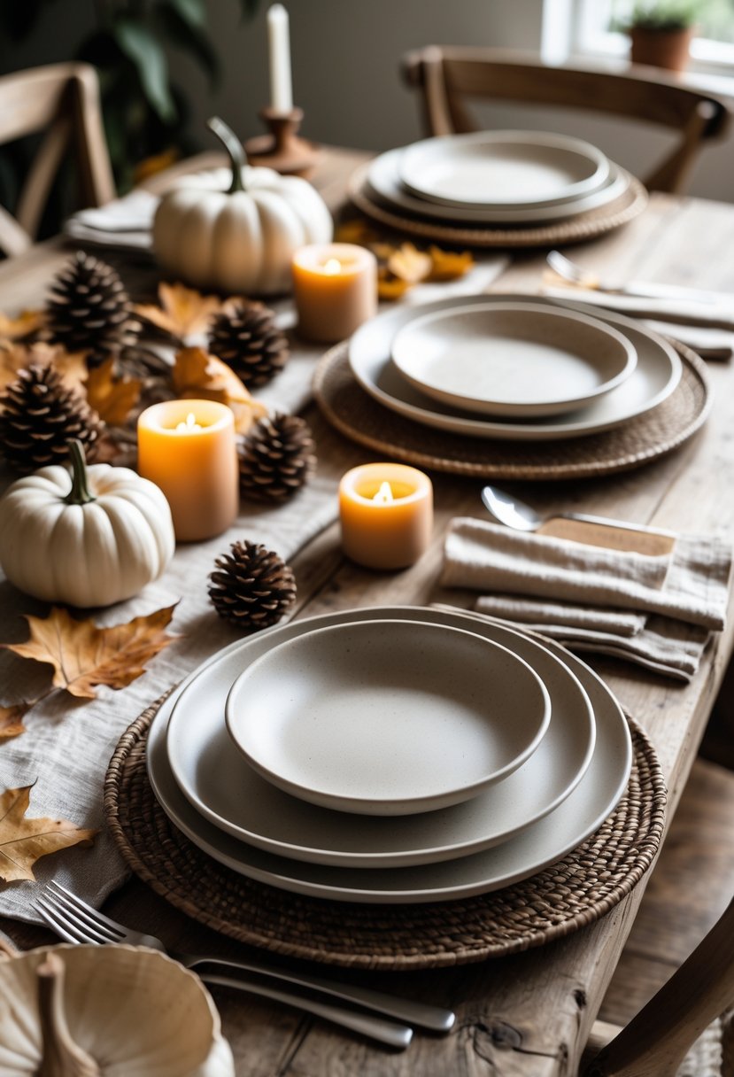 A fall-themed table setting with neutral ceramic plates, pumpkins, dried leaves, pinecones, and candles on a wooden table.