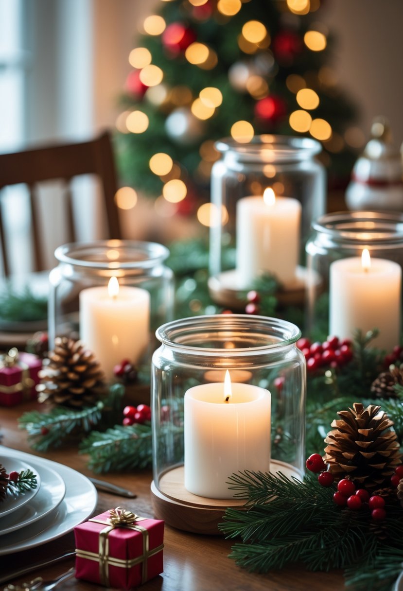 A Christmas table with clear glass hurricane lanterns holding white pillar candles surrounded by pine branches, red berries, and pine cones.