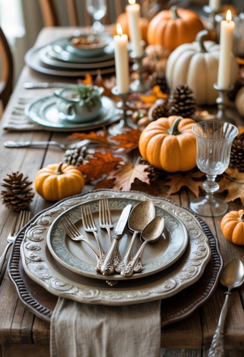 A Thanksgiving table set with tarnished silverware, autumn decorations, plates, and candles on a wooden surface.