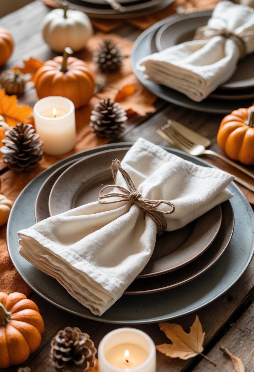 A fall table setting with cotton napkins tied with twine surrounded by pumpkins, dried leaves, pinecones, and candles on a wooden table.