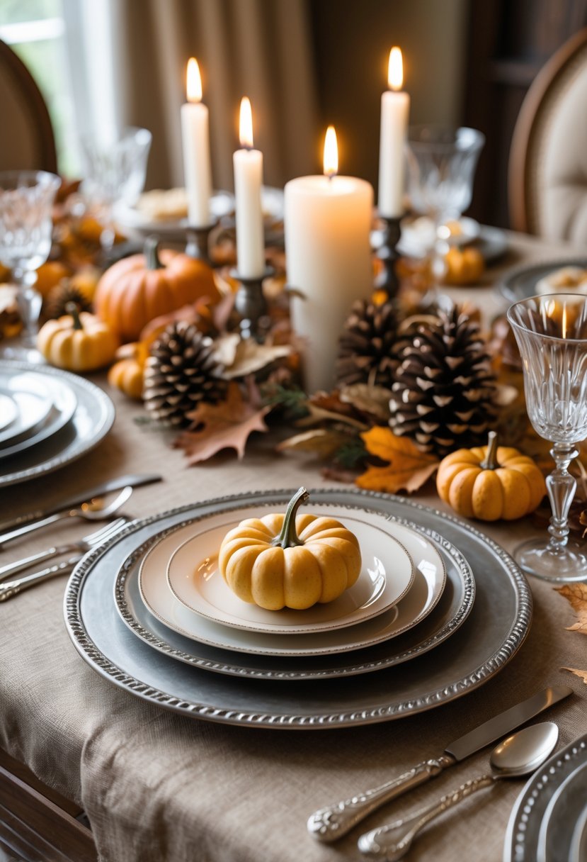A Thanksgiving table set with pewter chargers, autumn decorations, candles, and elegant tableware.