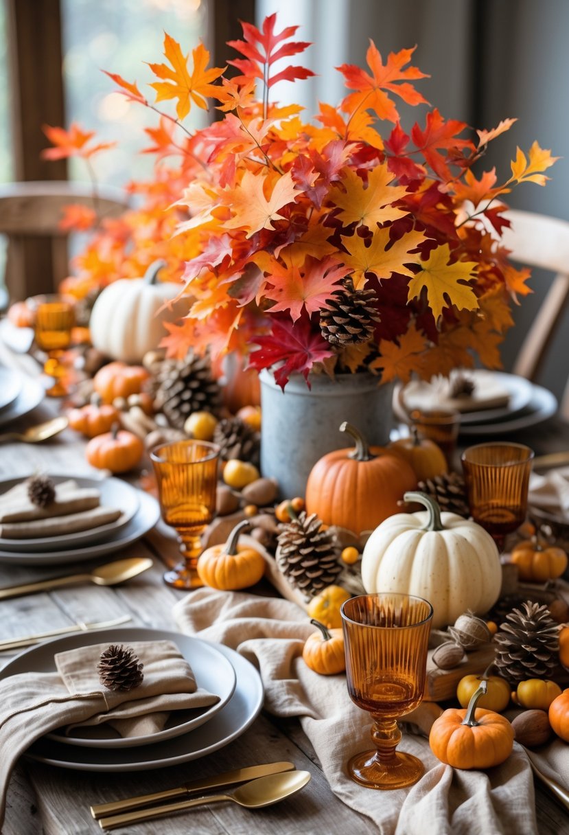 A rustic wooden table with an autumn leaves centerpiece surrounded by simple fall table settings, including plates, napkins, and glassware.