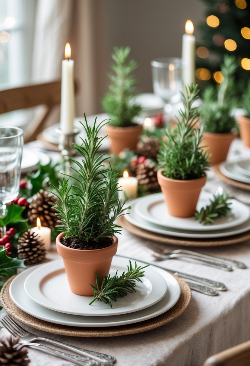 A Christmas dining table with simple place settings featuring small potted rosemary plants as decorations.