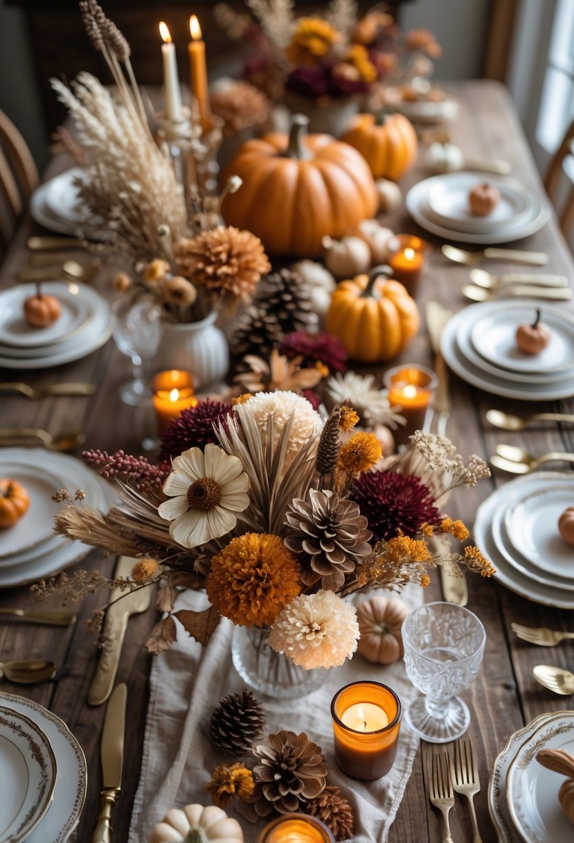 A rustic Thanksgiving table set with dried flower arrangements, pumpkins, candles, and vintage tableware.