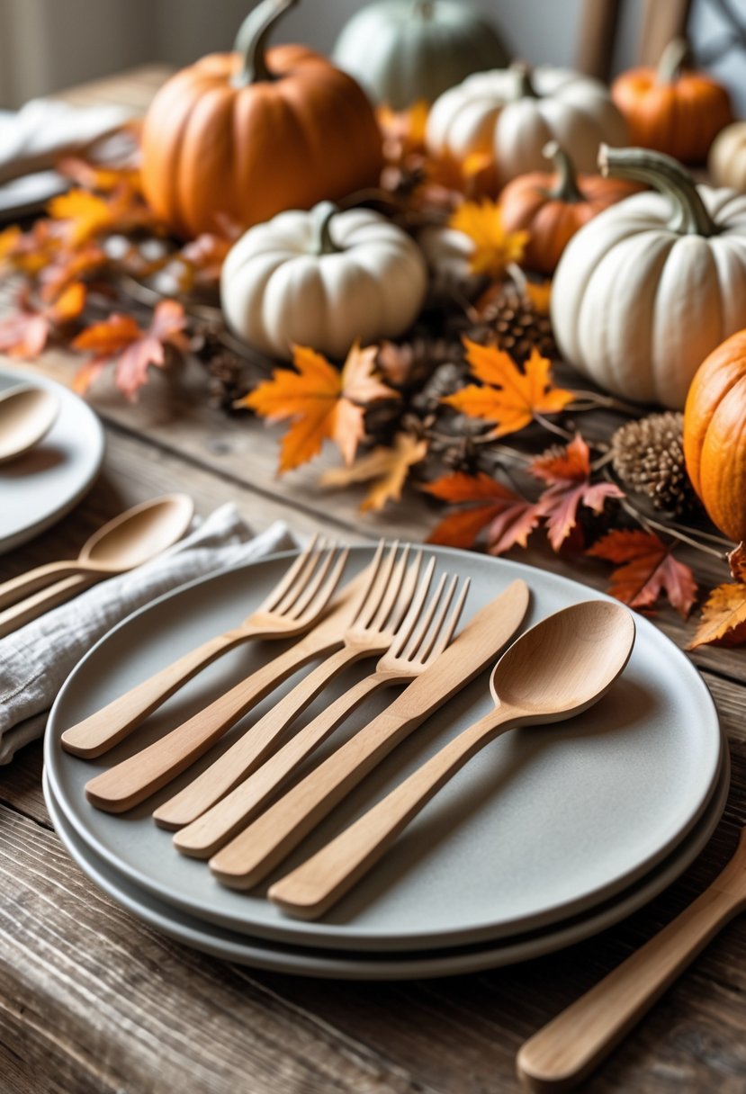 A wooden cutlery set placed on a fall-themed table decorated with pumpkins, autumn leaves, and linen napkins.