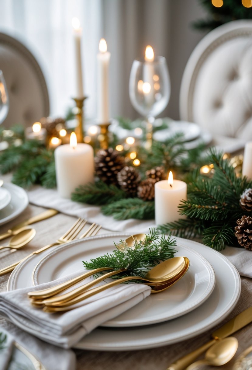 A Christmas dining table set with gold and silver flatware, white plates, evergreen sprigs, pinecones, and candles.