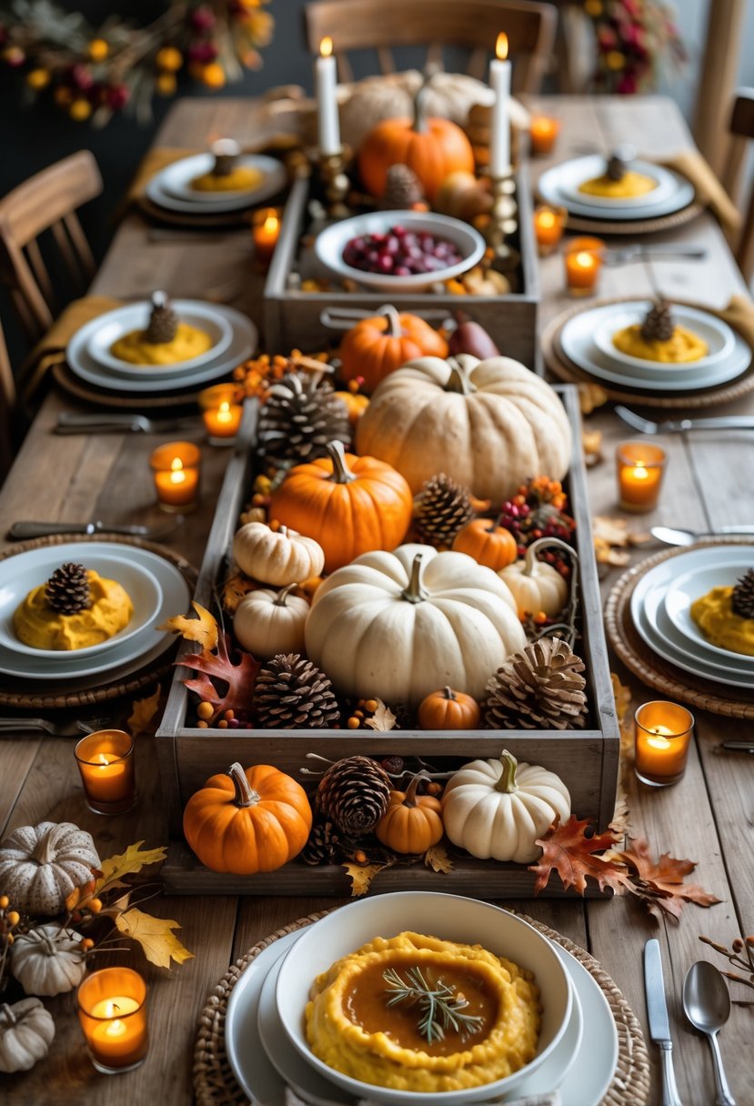 A dining table set with wooden trays holding autumn decorations and Thanksgiving dishes, surrounded by fall-themed decor.
