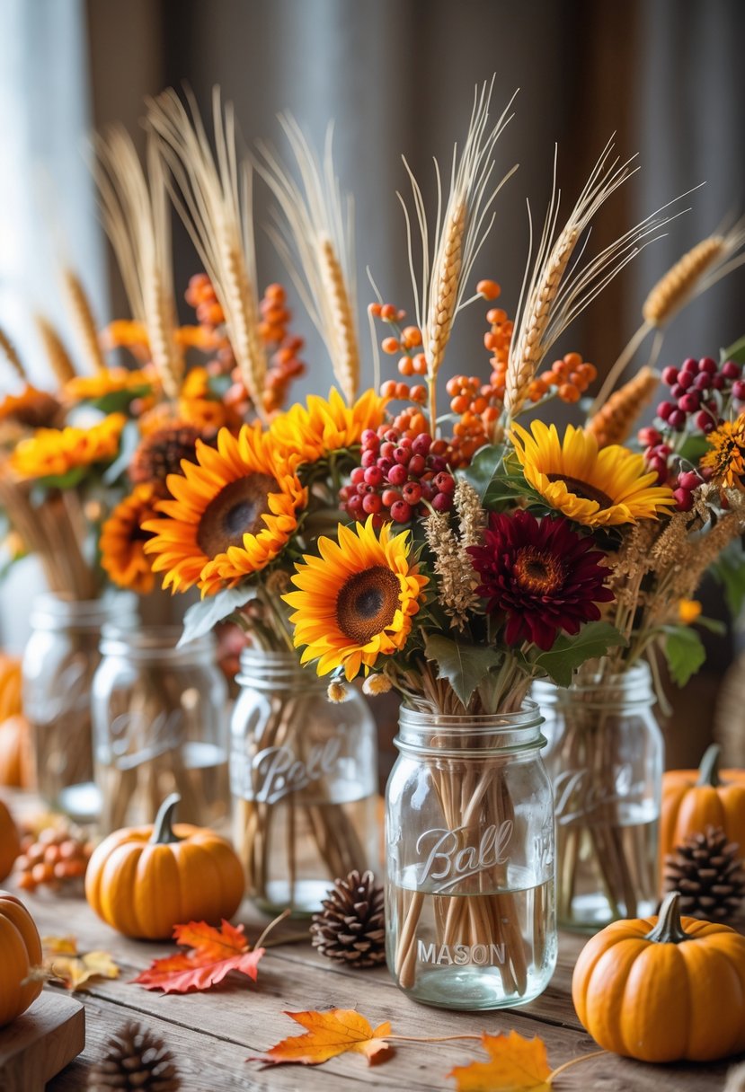 A rustic wooden table with mason jars filled with seasonal fall flowers and surrounded by small pumpkins, pinecones, and colorful autumn leaves.