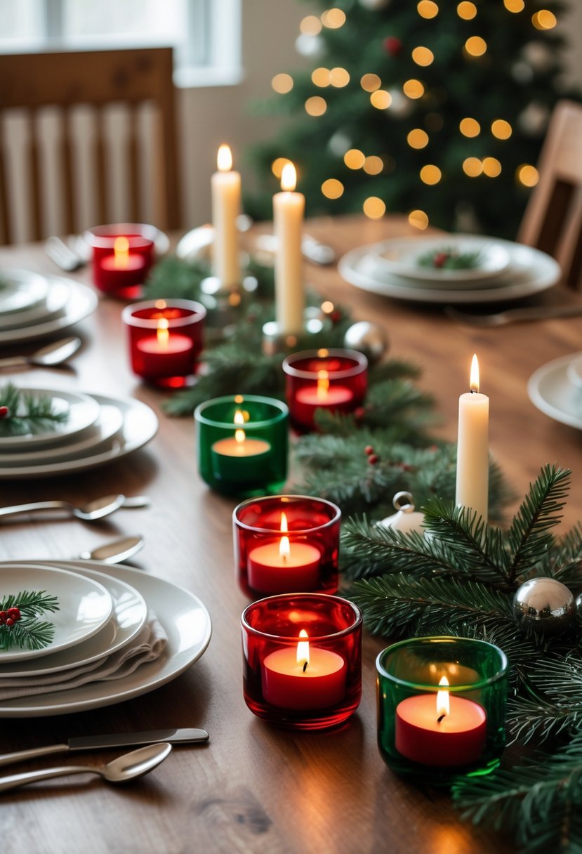 A Christmas dining table decorated with red and green glass tealight candle holders, pine branches, ornaments, and place settings.