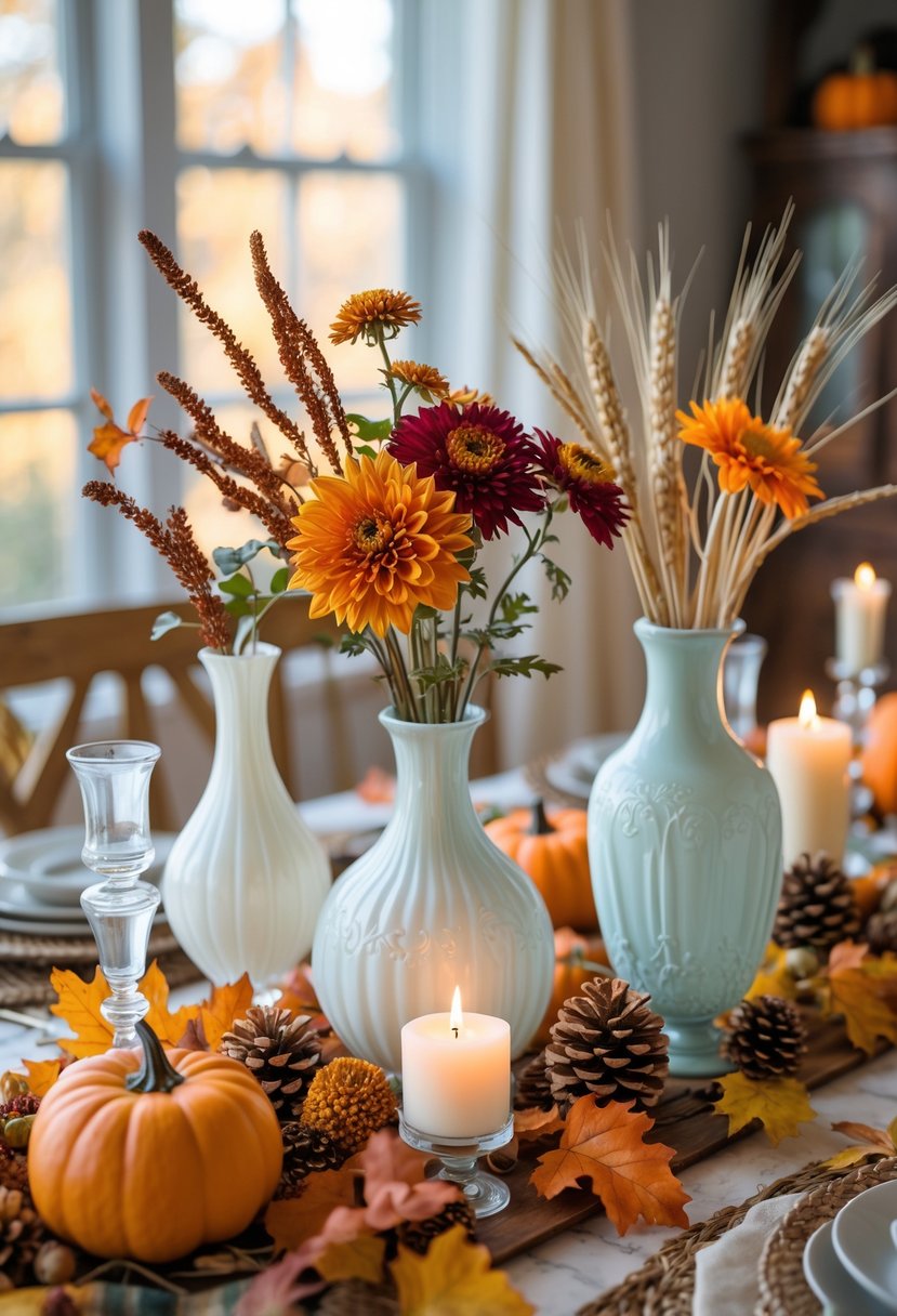 A Thanksgiving table set with vintage milk glass vases filled with seasonal flowers, surrounded by autumn decorations like pumpkins, leaves, and candles.