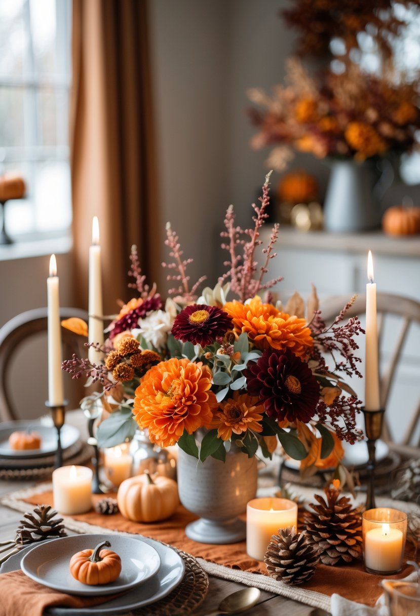 A fall table set with orange and burgundy floral arrangements and autumn decorations for a cozy gathering.