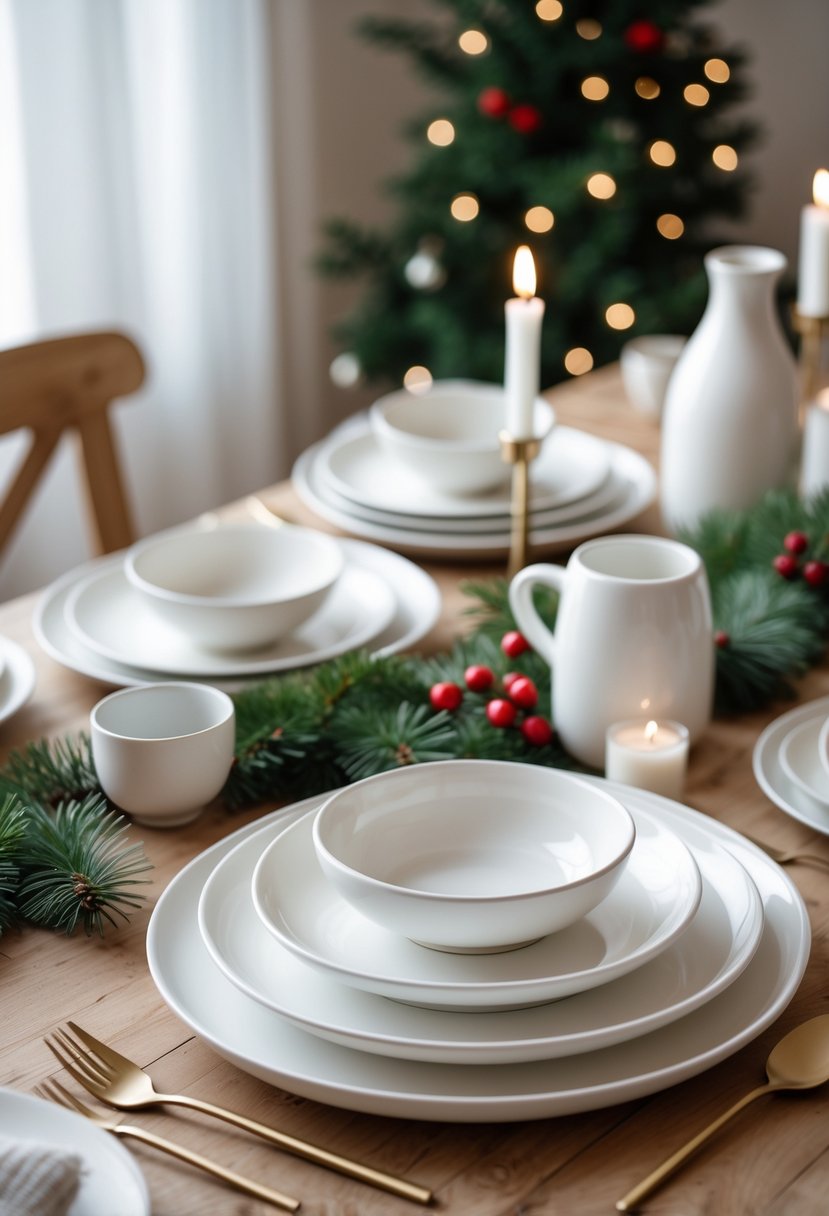 A Christmas table set with simple white ceramic plates and bowls, decorated with pine branches, red berries, and candles on a wooden table.
