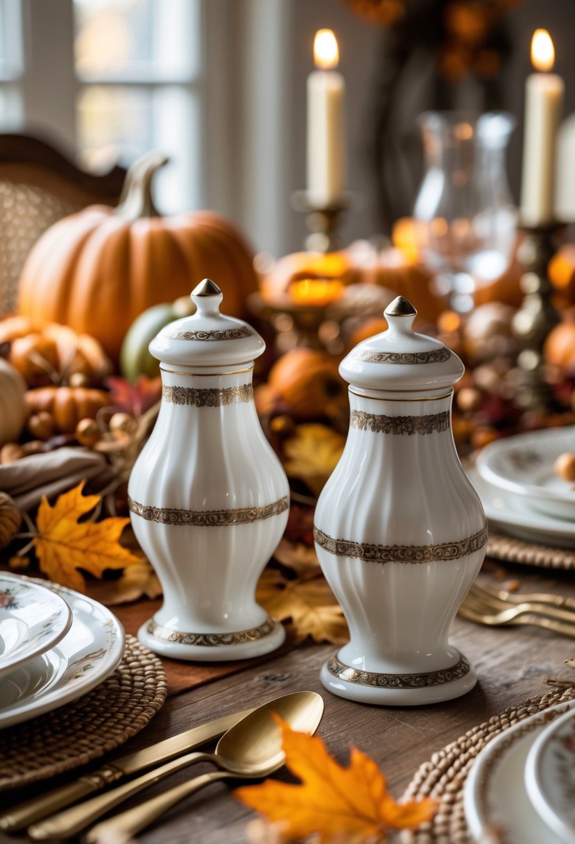 Delicate porcelain salt and pepper shakers on a vintage Thanksgiving table decorated with pumpkins, dried leaves, and candles.