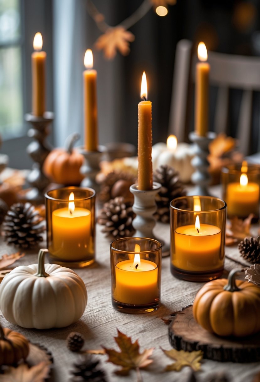 A table decorated with amber glass candle holders holding lit candles, surrounded by small pumpkins, dried leaves, and pinecones.