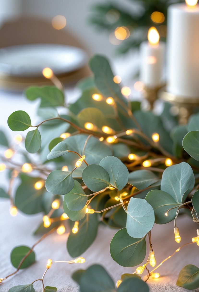 Close-up of eucalyptus sprigs intertwined with glowing fairy lights on a simple Christmas table.