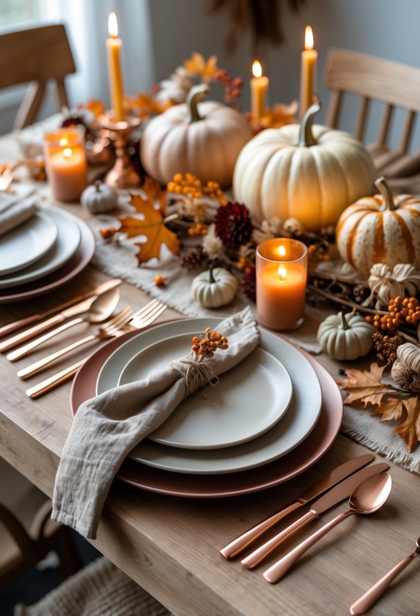 A fall dining table set with copper flatware, pumpkins, dried leaves, plates, and candles arranged for a cozy gathering.