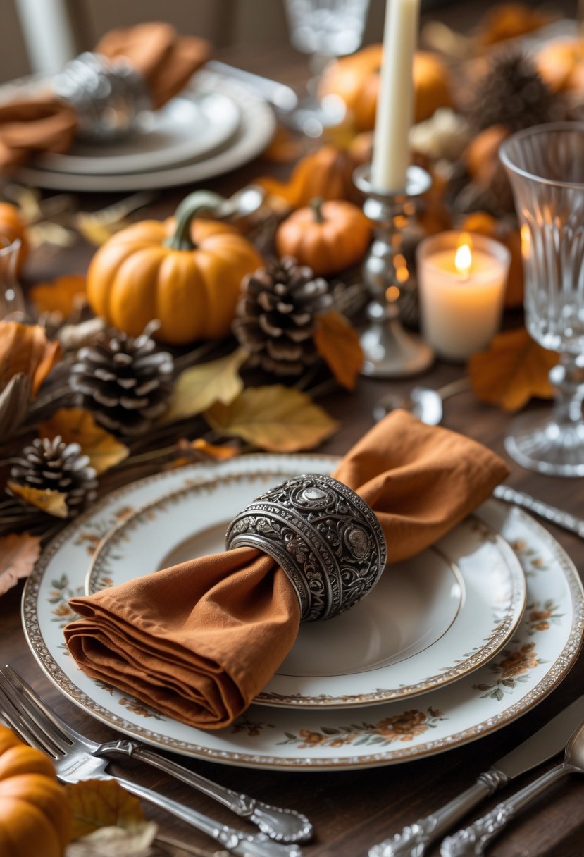 A beautifully set Thanksgiving table with cloth napkins held by decorative napkin rings, surrounded by seasonal decorations and elegant dinnerware.