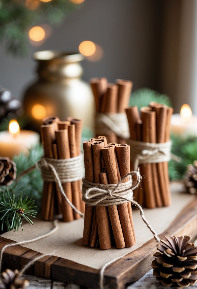 Several bundles of cinnamon sticks tied with twine arranged on a wooden table with pinecones and evergreen sprigs, creating a cozy Christmas setting.