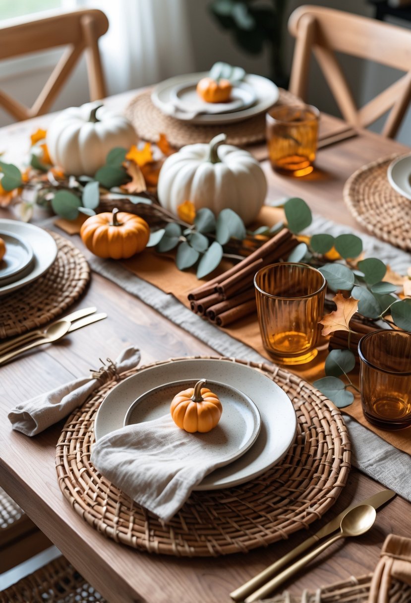 A wooden dining table set with woven rattan placemats, autumn decorations, ceramic plates, and linen napkins for a cozy fall gathering.