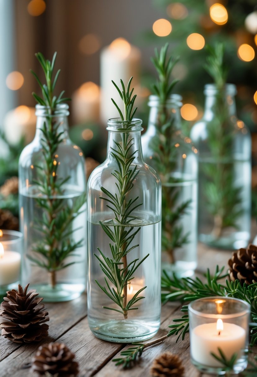 Clear glass water bottles with rosemary sprigs arranged on a wooden table with holiday decorations.
