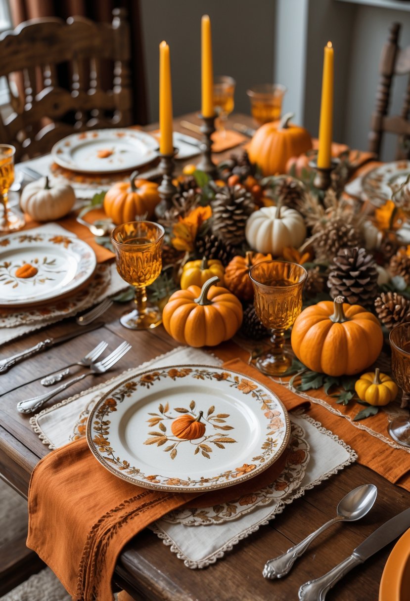 A Thanksgiving dining table set with embroidered linen placemats, autumn decorations, ceramic dishes, silverware, and candles.
