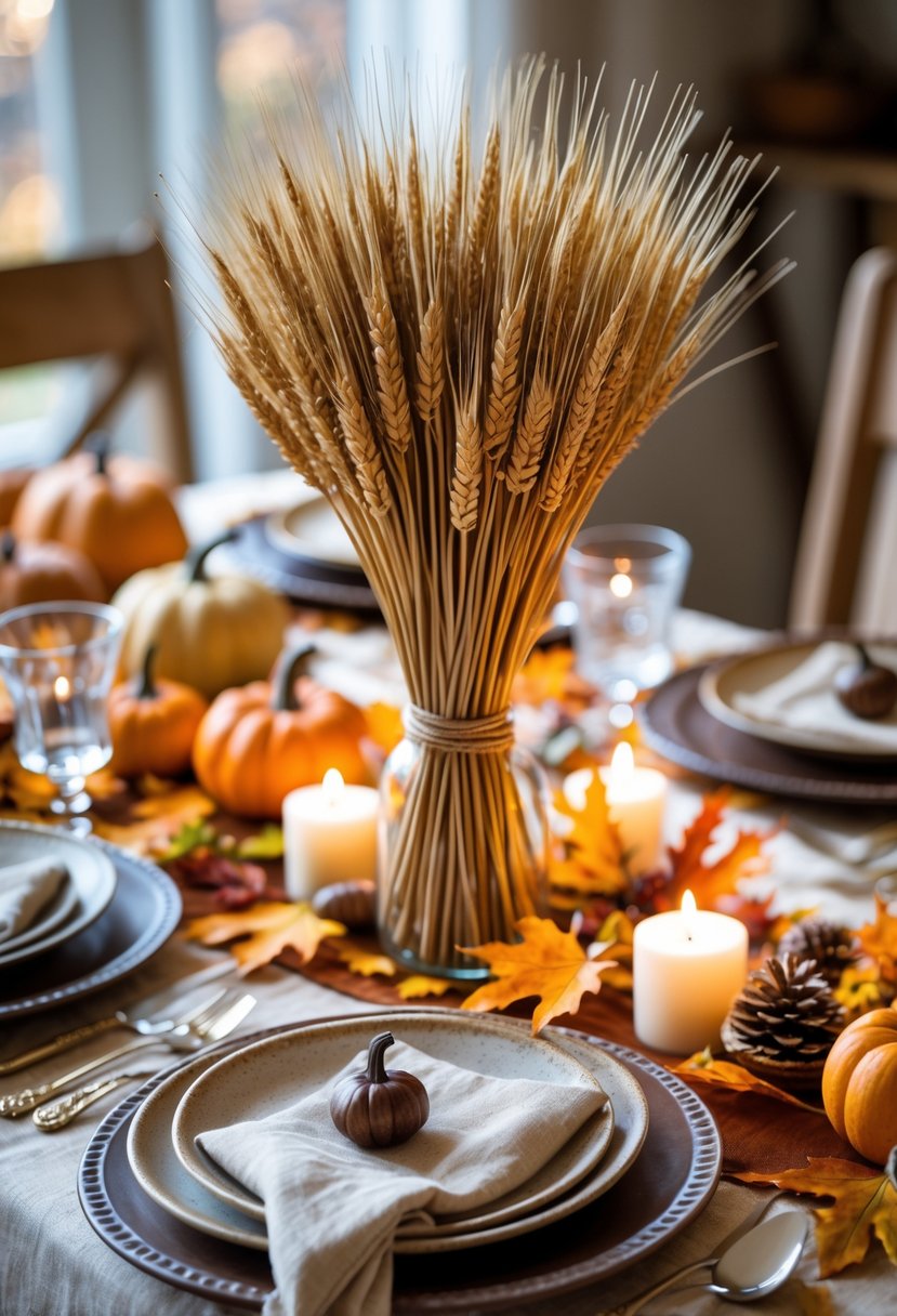 A fall table set with a bundle of dried wheat, plates, napkins, candles, and autumn decorations for a cozy gathering.