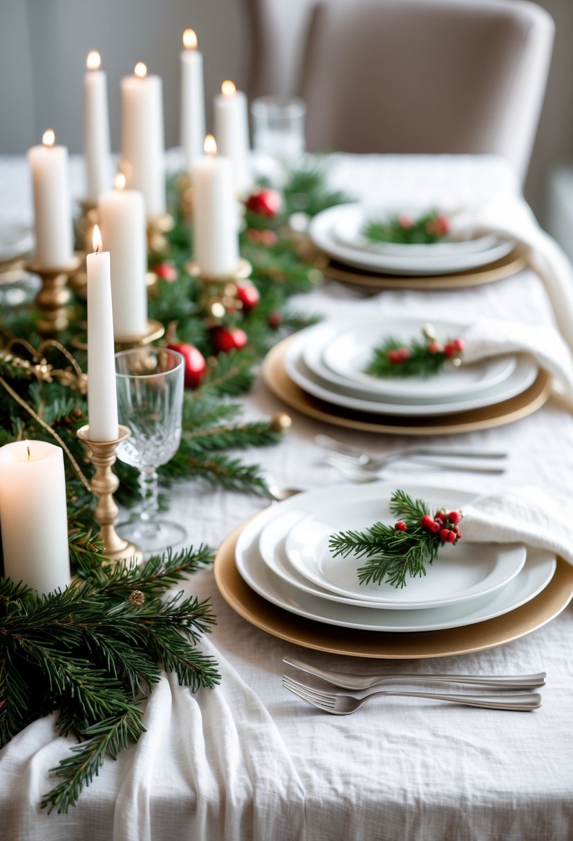 A Christmas table set with a white linen tablecloth, candles, greenery, and simple holiday decorations.