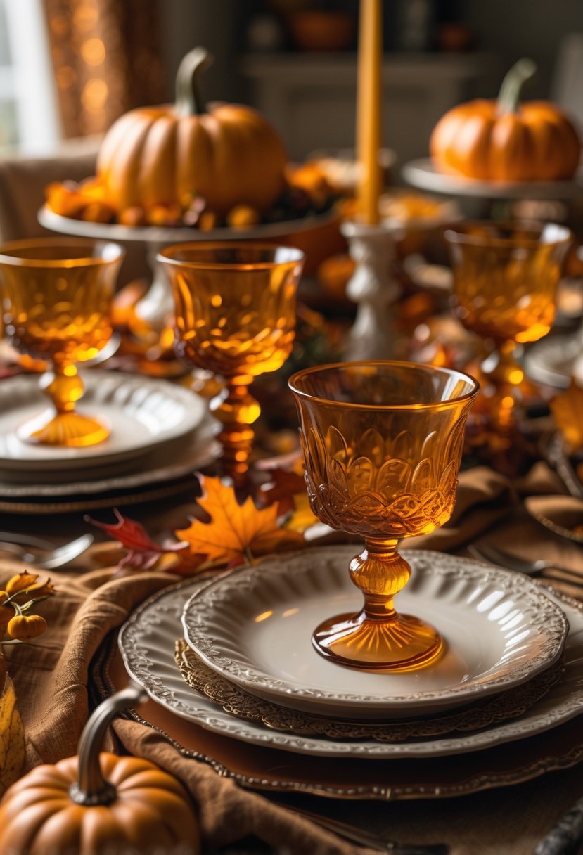 A Thanksgiving table set with amber glass goblets, autumn decorations, and warm-toned tableware.