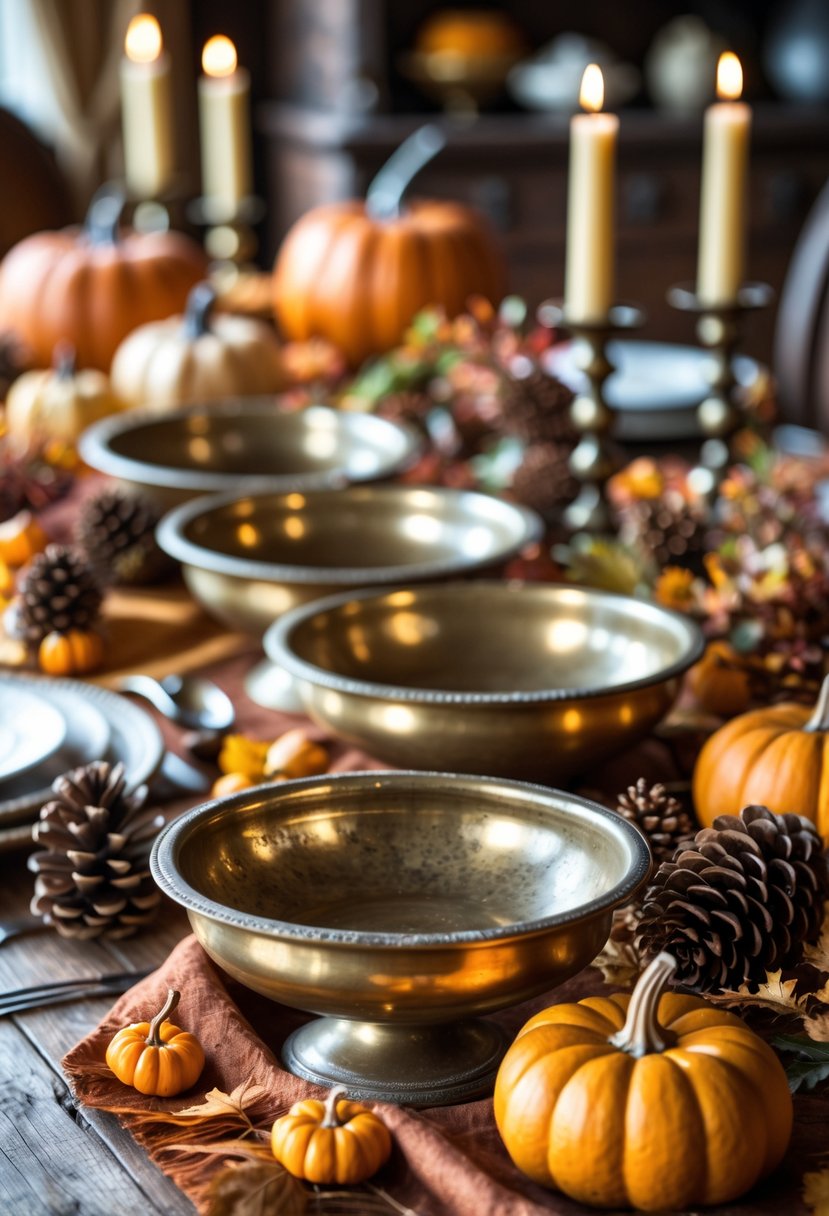 A collection of aged brass serving bowls arranged on a Thanksgiving table decorated with pumpkins, dried leaves, and candles.