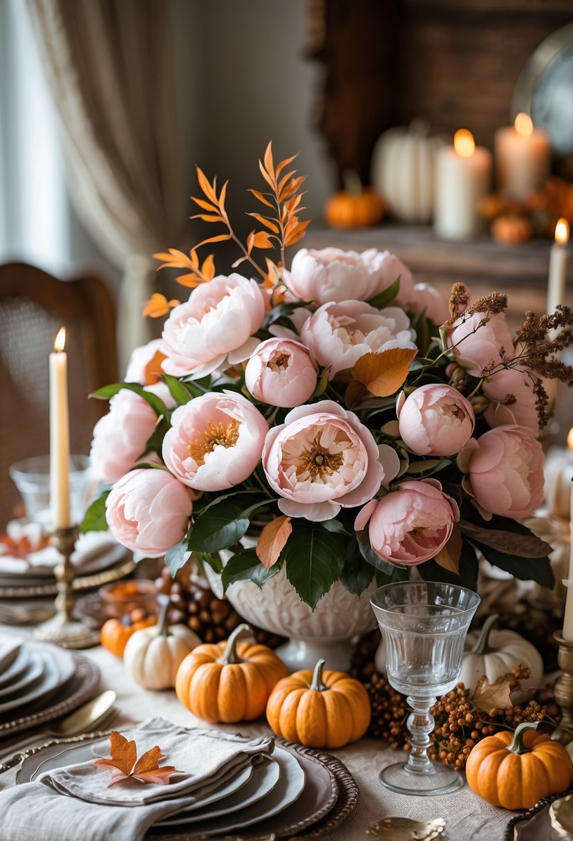 A Thanksgiving table with a centerpiece of soft pink roses and peonies surrounded by autumn decorations and tableware.