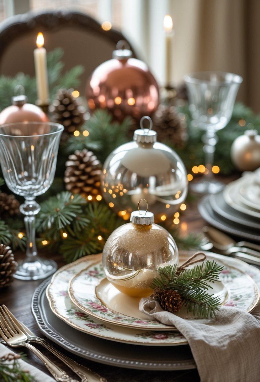 A Christmas table set with vintage glass ornaments, pine branches, pinecones, fine china, and warm lighting.