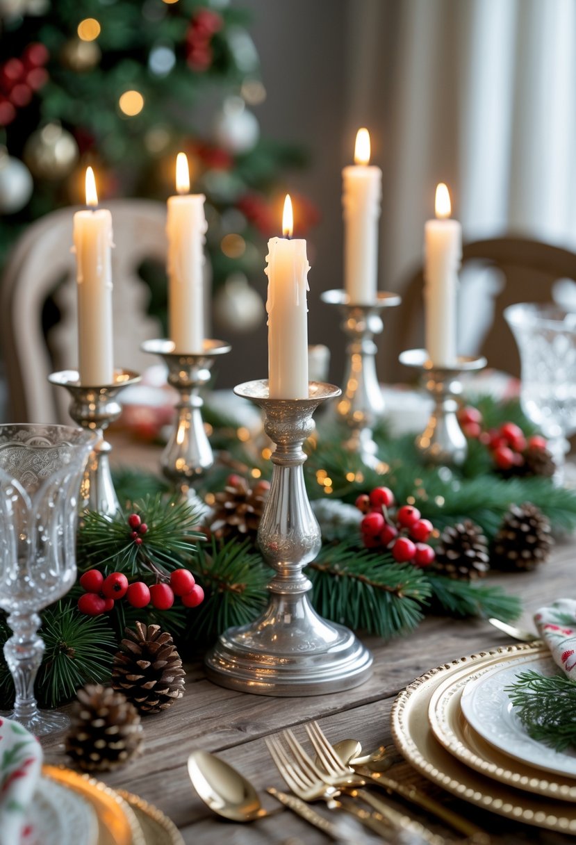 A Christmas table set with antique silver candlesticks, pine branches, red berries, and festive tableware.