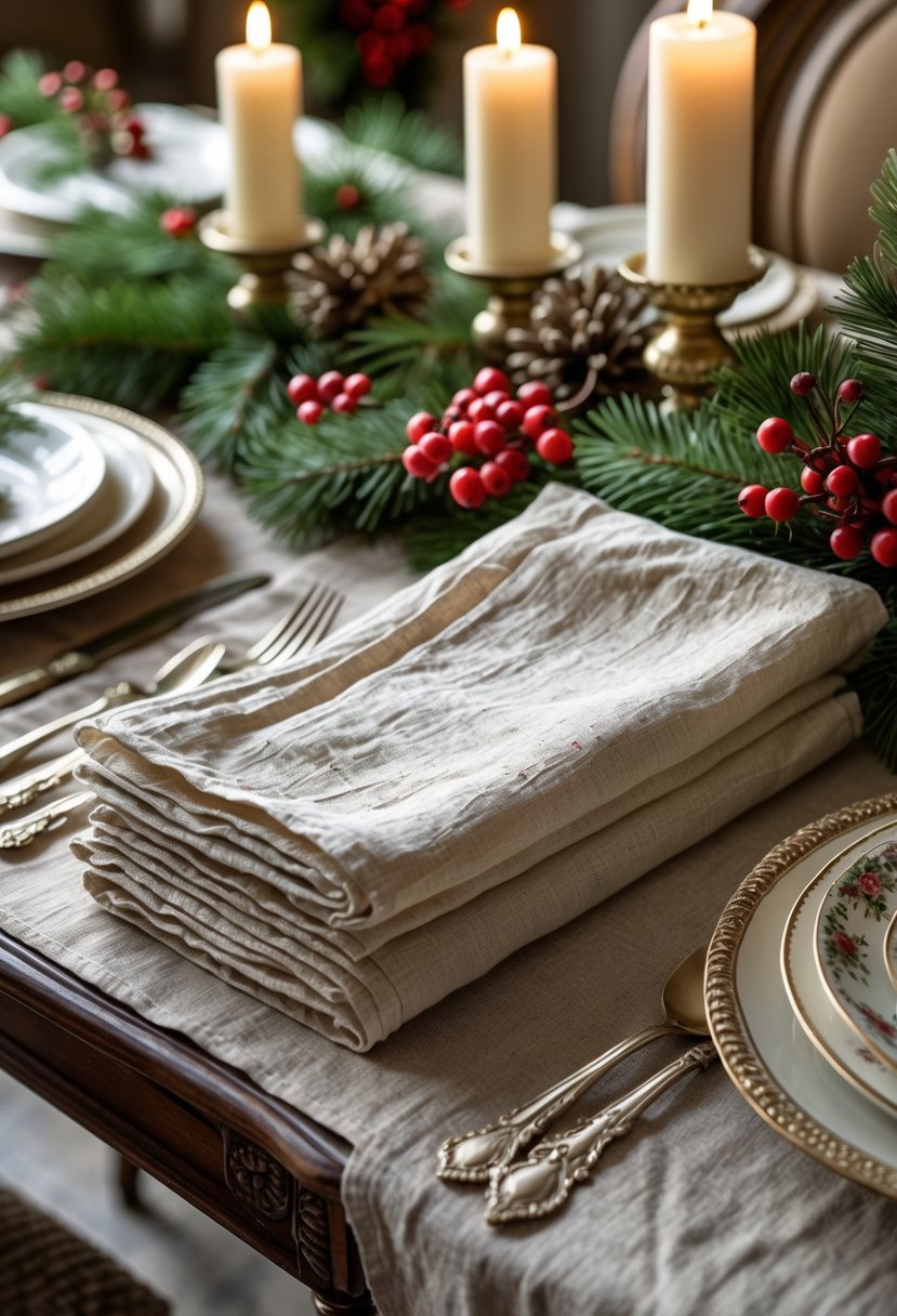 A festive Christmas table set with vintage linen napkins, antique dinnerware, pine branches, red berries, and candles.
