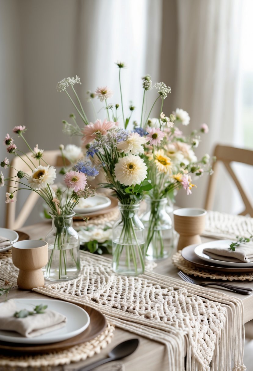 A beautifully arranged table with macrame runners and wildflower centerpieces, set for a celebration.