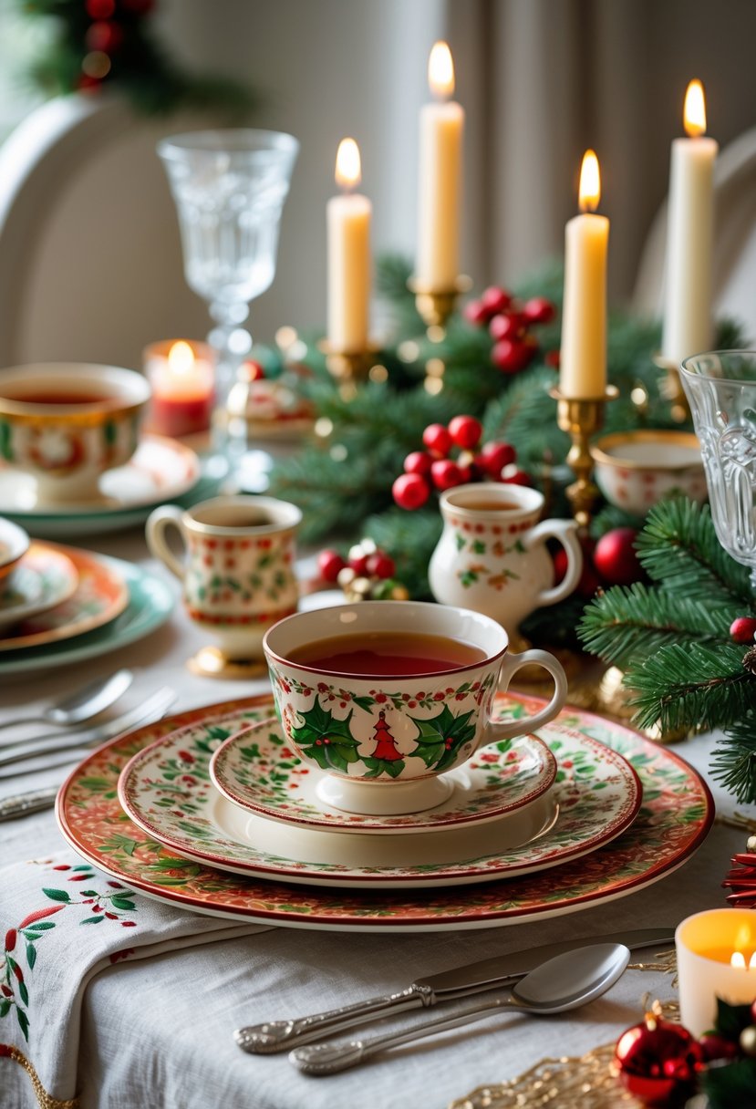 A festive Christmas table set with colorful retro ceramic dinnerware, holiday decorations, and candles.