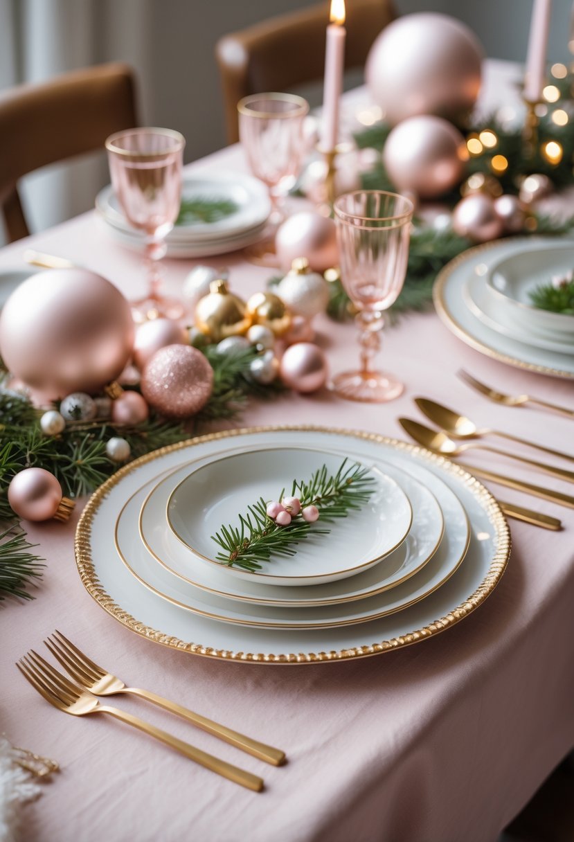 A holiday table set with a soft blush pink tablecloth and gold-rimmed white dinnerware, decorated with pink and gold ornaments and greenery.