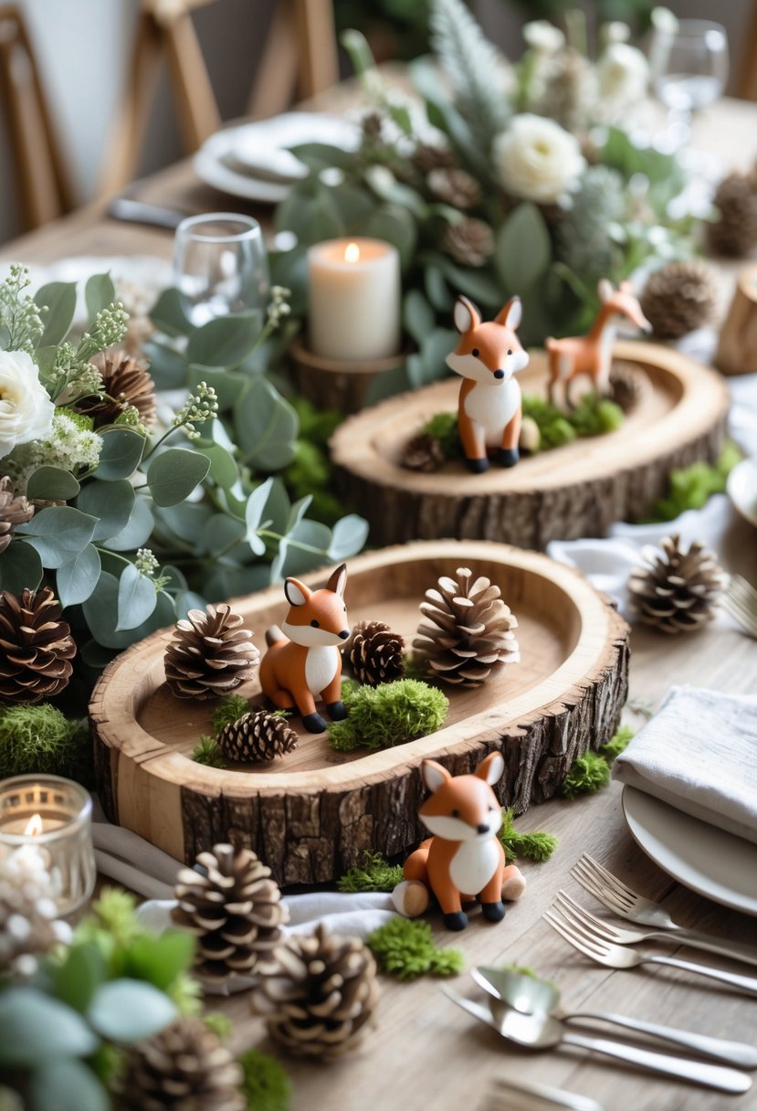 A baby shower table decorated with wooden trays, pinecones, and woodland animal figurines surrounded by greenery and flowers.
