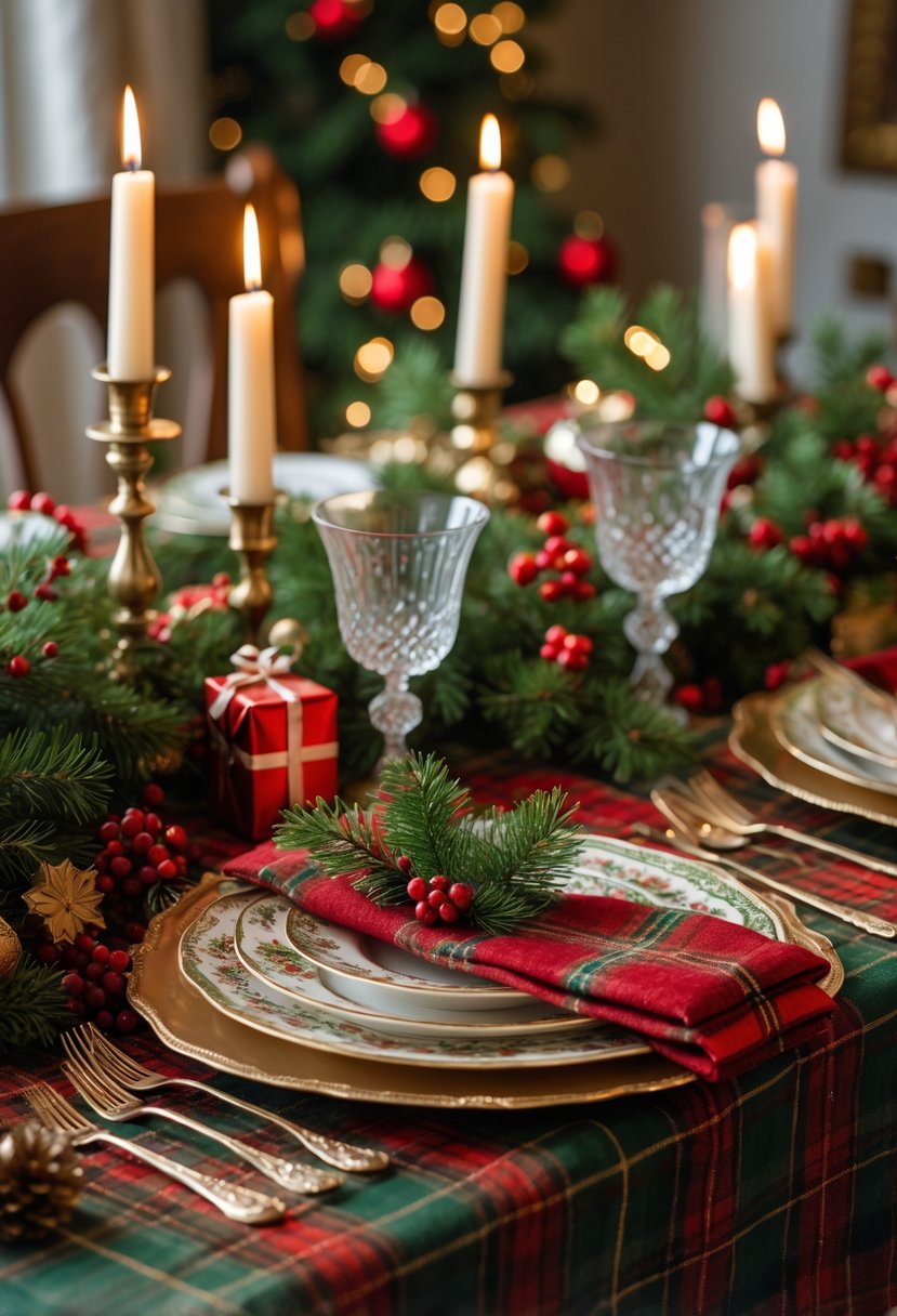 A Christmas table set with a classic red and green tartan tablecloth, decorated with plates, glasses, candles, pine branches, and holiday ornaments.