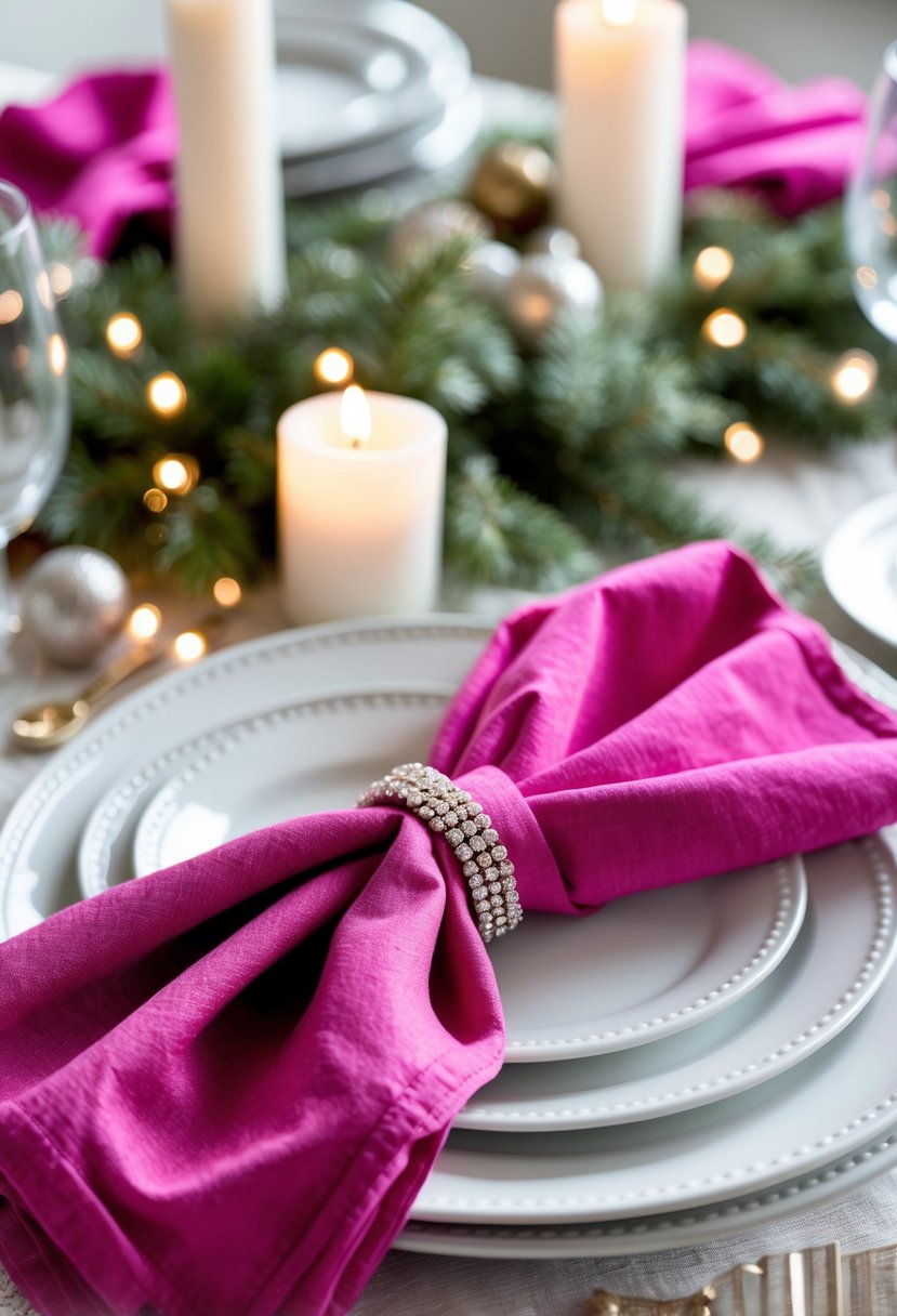 A holiday table set with bold fuchsia napkins and white porcelain plates, decorated with evergreen sprigs and candles.