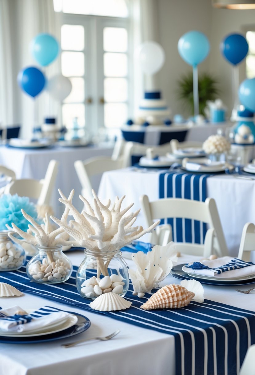 A baby shower setup with navy striped table runners and seashell centerpieces on decorated tables in a bright room.