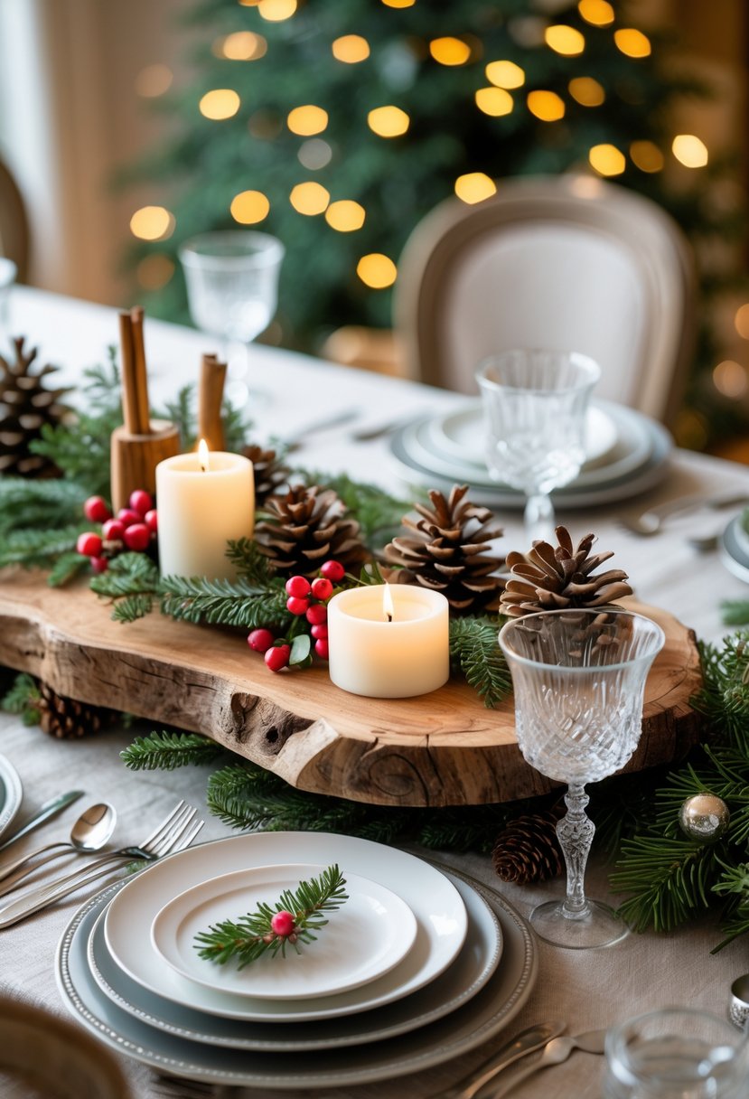 A rustic wooden centerpiece with pinecones, evergreen sprigs, red berries, cinnamon sticks, and candles on a decorated Christmas table with place settings.