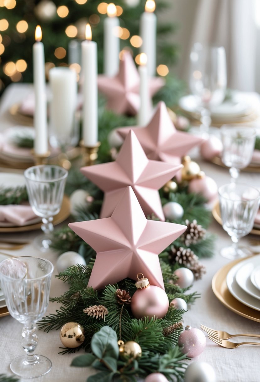 A holiday table decorated with matte pink star ornaments, candles, greenery, and glassware arranged as a festive centerpiece.