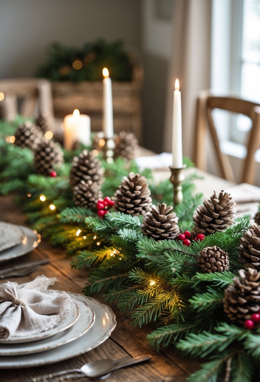 A wooden farmhouse table decorated with a pinecone garland, evergreen sprigs, red berries, plates, and glassware set for a Christmas meal.