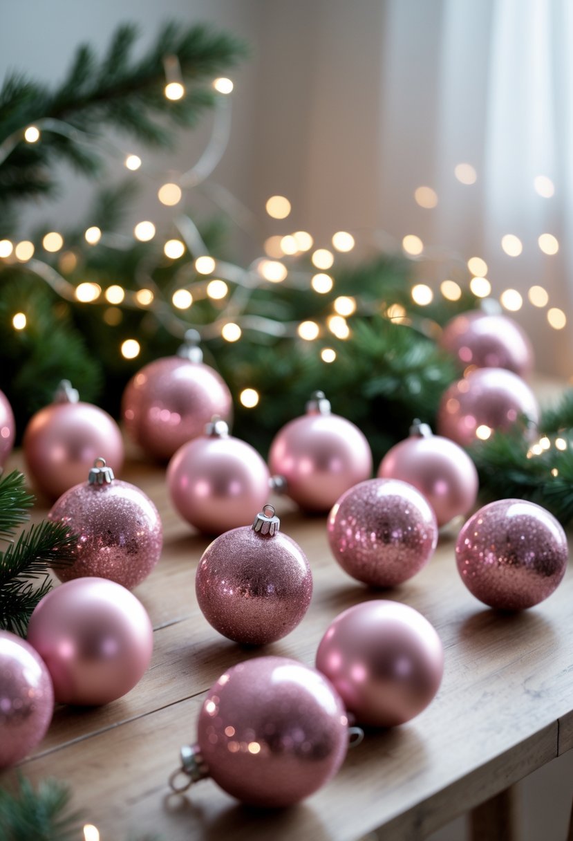 A table decorated with glittery pink Christmas baubles scattered among pine branches and fairy lights.
