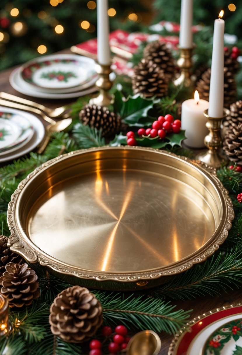 A vintage brass serving tray on a decorated Christmas table with holiday decorations, candles, and evergreen branches.