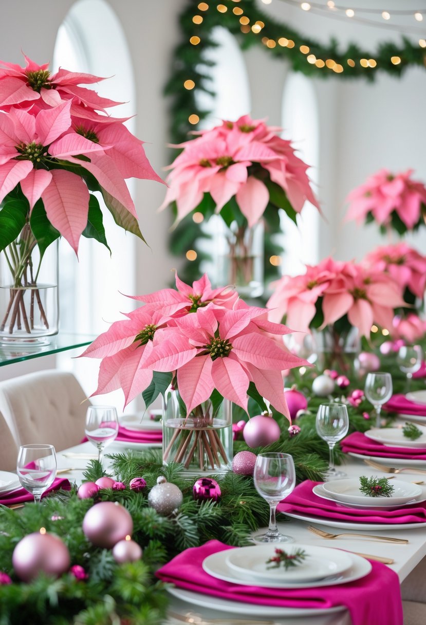 A table decorated with multiple pink poinsettia floral arrangements in clear vases, surrounded by holiday decorations.