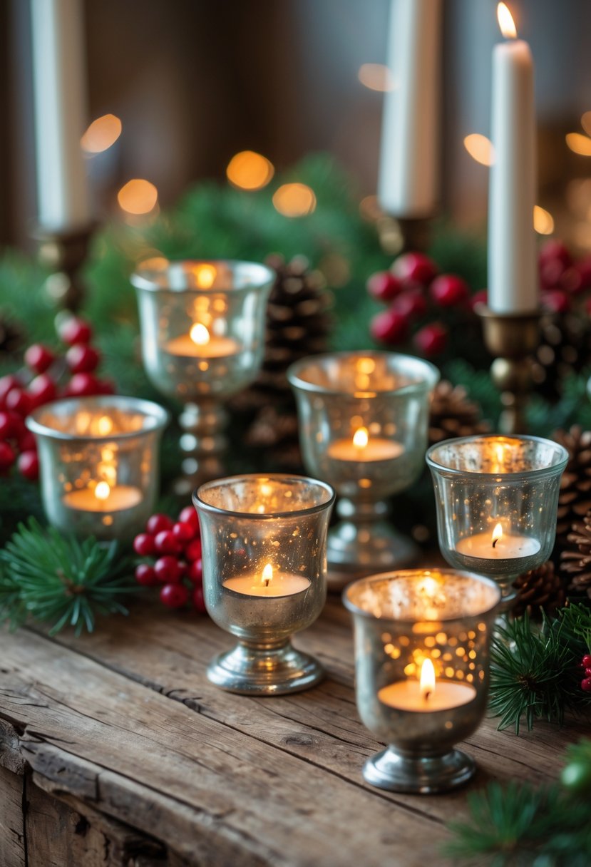 A festive Christmas table decorated with glowing mercury glass votive candles, pine branches, pinecones, and red berries.